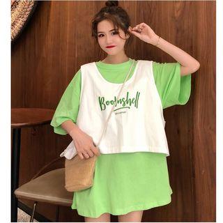 Set: Elbow-sleeve T-shirt + Letter Tank Top