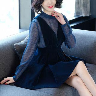 Set: Long-sleeve Top + Pinafore A-line Mini Dress