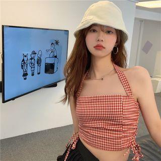 Drawstring Gingham Cropped Halter Top