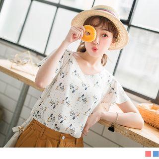 Ruffled Sleeve V-neck Print Top