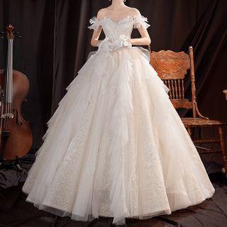 Short-sleeve Off-shoulder Ruffled Glittered A-line Wedding Gown