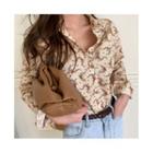 Flower Pattern Cotton Shirt Light Beige - One Size