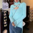 Long-sleeve Mock-neck Cutout Knit Top Bluish Green - One Size