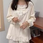 Loungewear Set : Long-sleeve Lace Trim Top + Pants