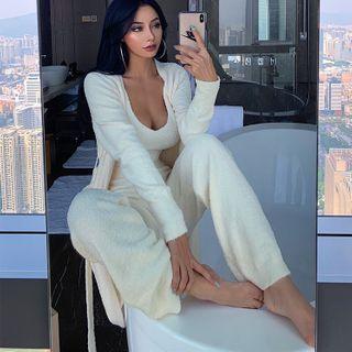 Set: Maxi Cardigan + Cropped Camisole + Wide-leg Pants
