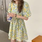 Floral Print Puff-sleeve Mini A-line Dress Floral - One Size