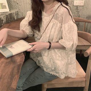 Puff-sleeve Lace Blouse Off-white - One Size