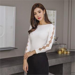 Cutout Sheer-panel Slim-fit Rib-knit Top