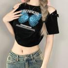 Short-sleeve Cold-shoulder Butterfly Cropped T-shirt