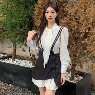 Long-sleeve Tie-neck Blouse / Strappy Mini Suspender Skirt / Set