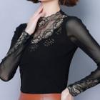 Mock-neck Embroidered Mesh Panel Top