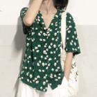 Elbow-sleeve Floral Print Shirt Dark Green - One Size
