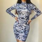 Long-sleeve Marble Print Mock-neck Mini Bodycon Dress