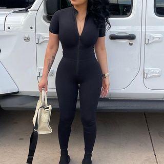 Short-sleeve High-neck Zip-up Jumpsuit