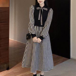 Bow-neck Checkerboard Midi A-line Dress