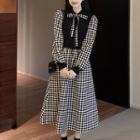 Bow-neck Checkerboard Midi A-line Dress