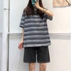 Elbow-sleeve Striped T-shirt Black & Gray - One Size