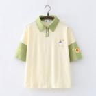 Elbow-sleeve Duck Print Two-tone Polo Shirt Almond - One Size
