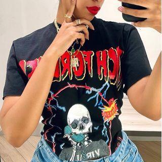 Short-sleeve Lettering Skeleton Print T-shirt