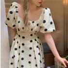 Puff-sleeve Dotted Bow Back Midi A-line Dress Almond - One Size