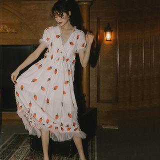 Short-sleeve Fruit Embroidery Mesh Dress