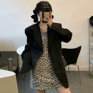 Single Breasted Blazer / Spaghetti Strap Leopard Print Mini A-line Dress