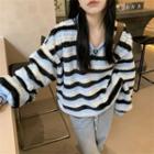 Long-sleeve V-neck Furry Loose-fit Top Blue & Black - One Size