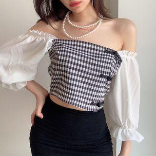 Plaid Panel Ruffled Elbow-sleeve Cropped Blouse