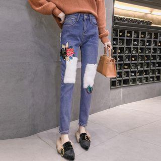 Brushed Fleece-lined Patchwork Slim-fit Jeans
