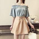 Set: Short-sleeve Cold Shoulder Top + Lace-up A-line Skirt