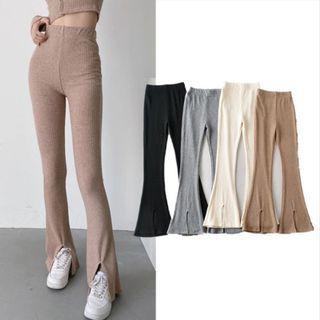 High-waist Ribbed-knit Boot-cut Slit Pants