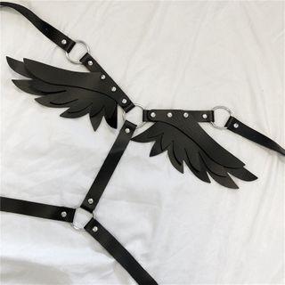 Winged Buckled Garter Belt - Black - One Size
