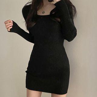 Square Neck Plain Ribbed Bodycon Mini Dress