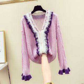 Frill-hem Color-block V-neck Cardigan