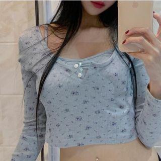 Long-sleeve Floral Print Crop T-shirt Blue - One Size