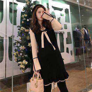 Two-tone Tie-neck Bell-sleeve Mini Knit Dress Black - One Size