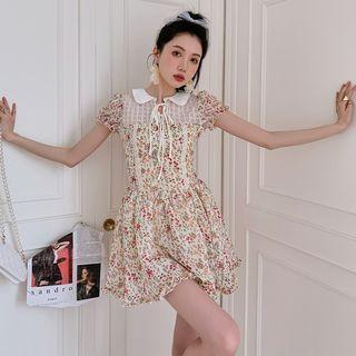 Puff-sleeve Floral Print Lace Panel A-line Dress
