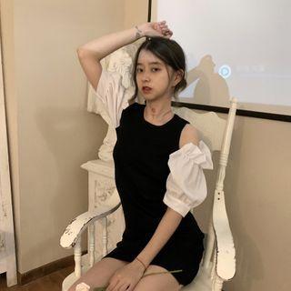 Elbow-sleeve Paneled Mini Sheath Knit Dress