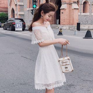 Off Shoulder Short-sleeve Lace A-line Dress