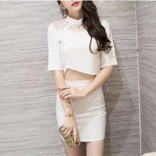 Set: Stand Collar Cropped Top + Mini Skirt