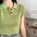 Cropped Knit Polo-shirt / Plaid Pleated Skirt