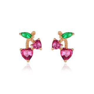Sterling Silver Plated Gold Simple Cute Cherry Stud Earrings With Pink Cubic Zirconia Golden - One Size