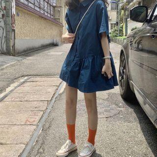 Elbow-sleeve Mini A-line Dress Blue - One Size