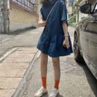 Elbow-sleeve Mini A-line Dress Blue - One Size