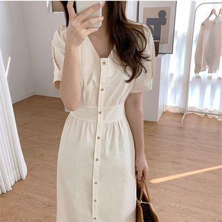 Plain Short-sleeve Button-up Tie-waist Midi A-line Dress