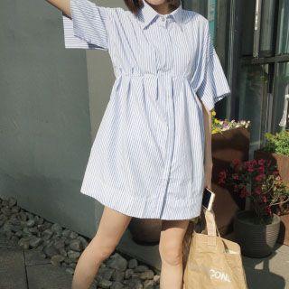 Elbow-sleeve Striped Mini Shirtdress