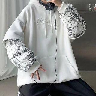 Mock Two-piece Lettering Paisley Print Hoodie