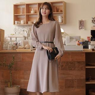 Square-neck Pleated-shoulder Flare Dress With Belt