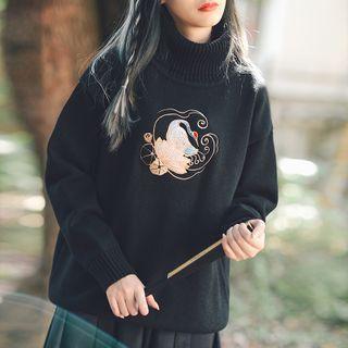 Turtleneck Swan Embroidered Sweater