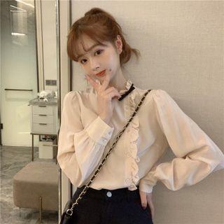 Frill Trim Stand Collar Blouse As Shown In Figure - One Size